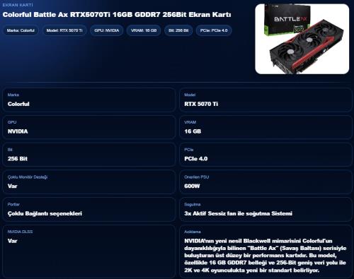 COLORFUL RTX5070TI Battle AX NB EX 16GB-V 256Bit GDDR7 16GB Ekran Kartı